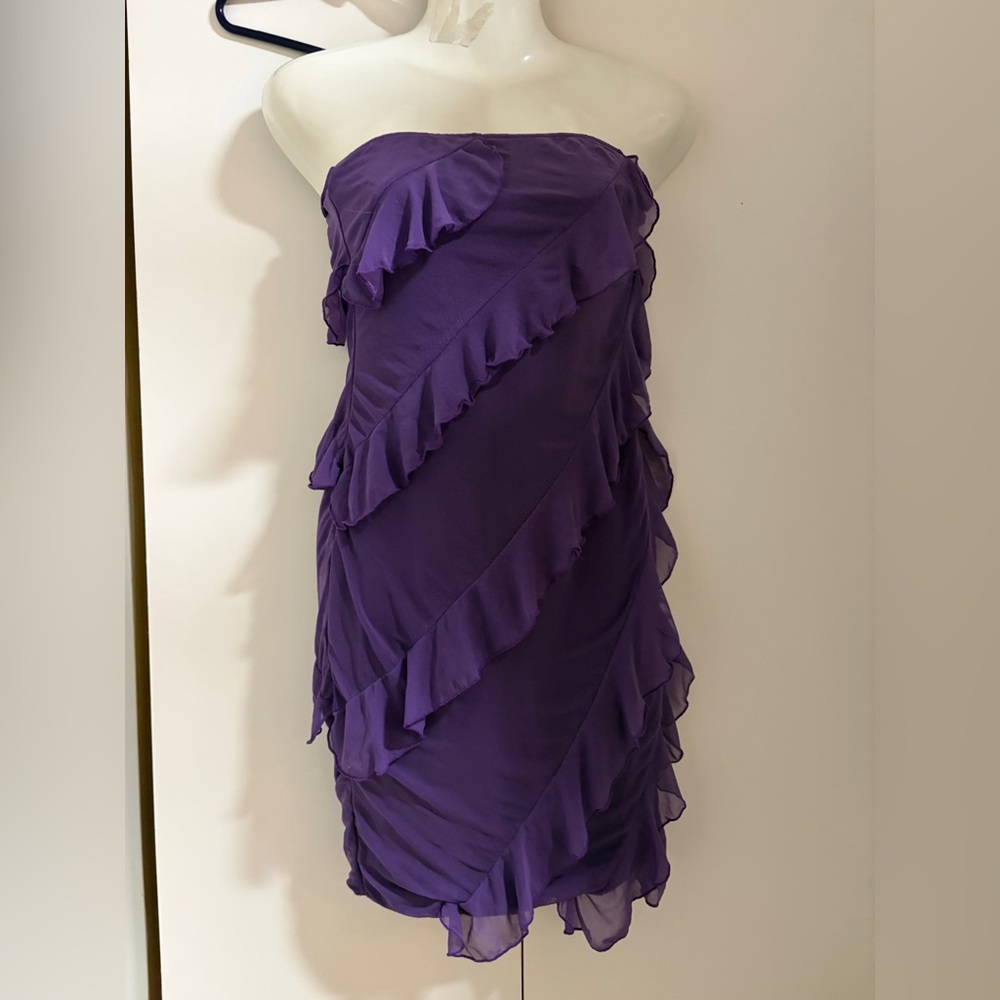 Strapless Purple Ruffle Cocktail Dress Mesh Small Y2K Mini Bodycon Goth